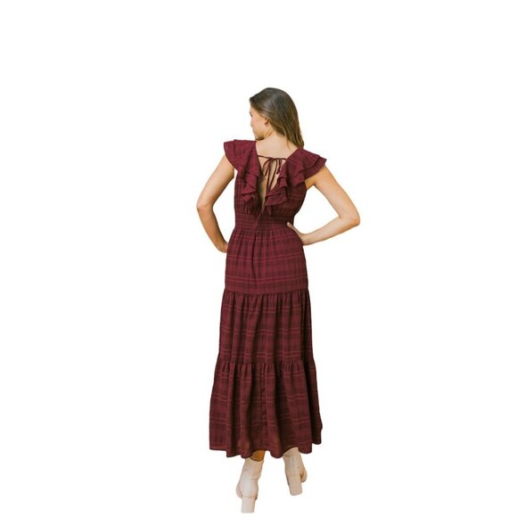Flying Tomato Never a Dull Woven Midi Dress Tiered Burgundy NWT - Picture 3 of 3